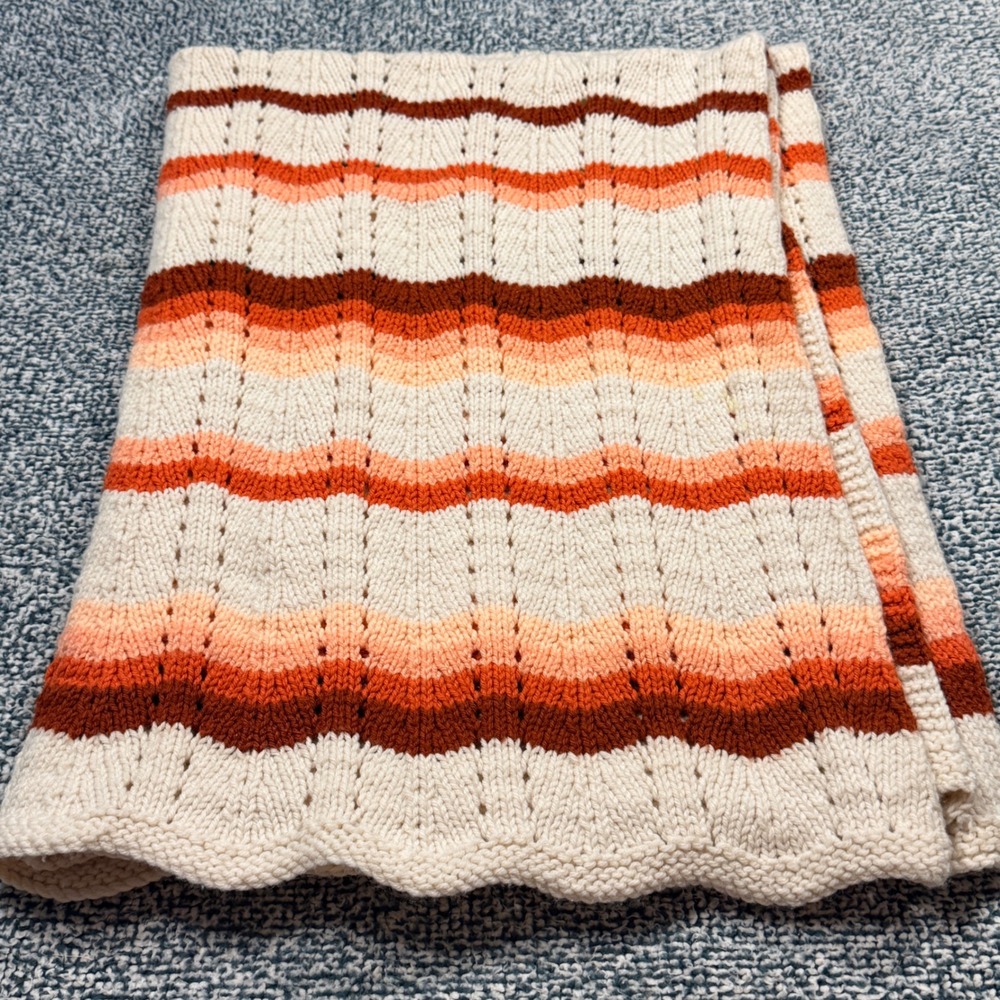 Vintage Handmade Knit Chevron Ripple Throw Blanket Orange Peach Cream 36x52